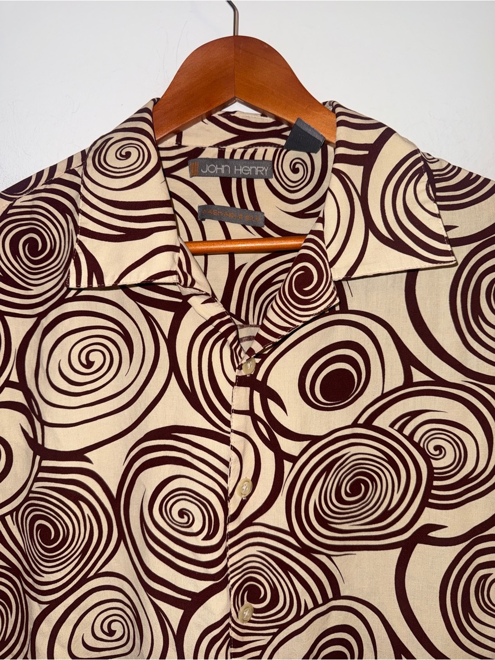 John Henry Washable Silk Abstract Swirl Camp Shirt Men’s XL Brown Cream Resort - Picture 4 of 12